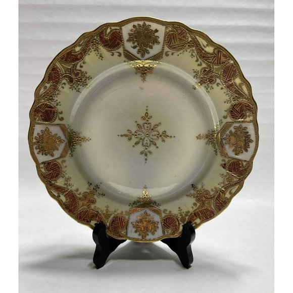 Antique Heavy Gilt Moriage 9” Plate with Medallion Unmarked Beautiful